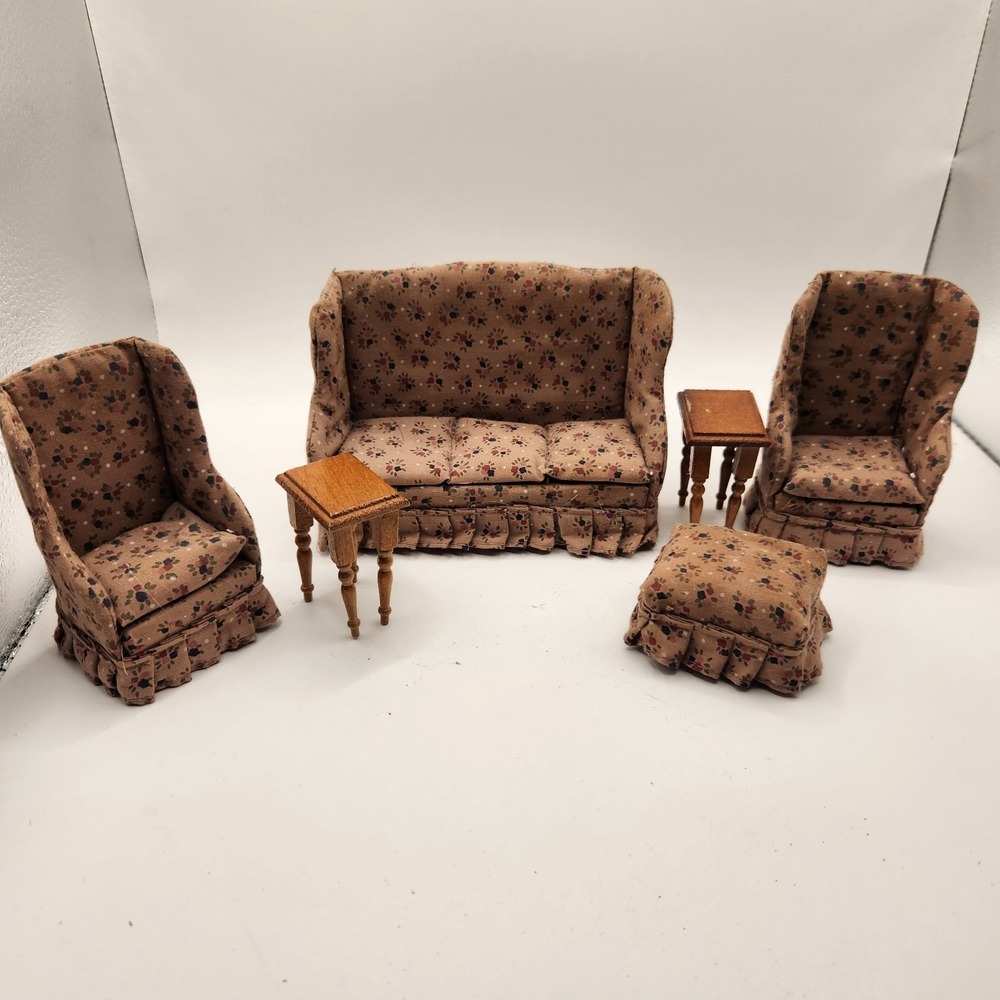 Vintage Miniature Dollhouse Living Room Set Sofa Chair 1:12 Table Floral Stool
